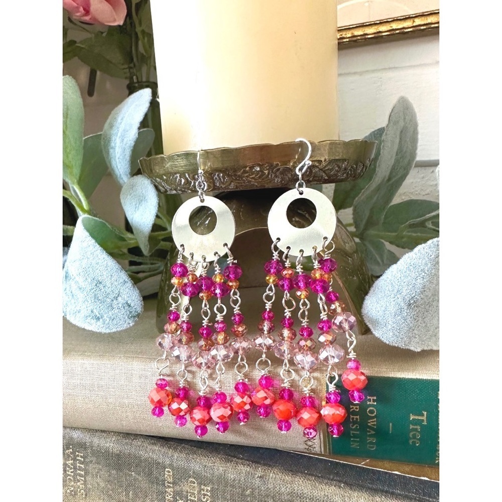 Handmade pink and orange crystal tassel earrings